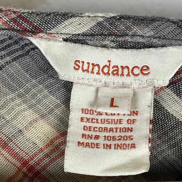 Sundance Black Orange Plaid Embroidered Long Sleeve Top V Neck Women's Large - Picture 3 of 10